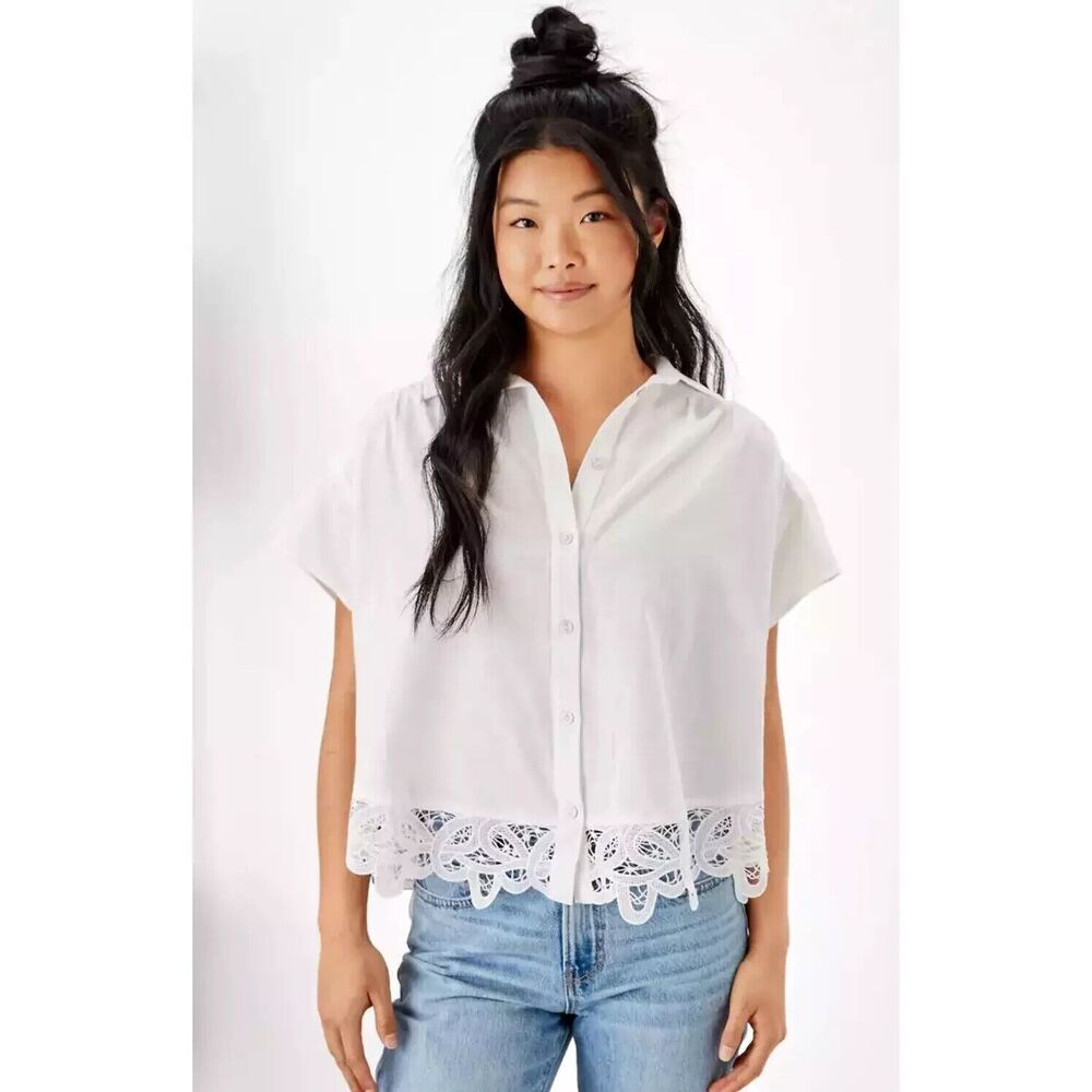 American Eagle XS Oversized Resort Lace Shirt White Button Up Cotton Linen NWT